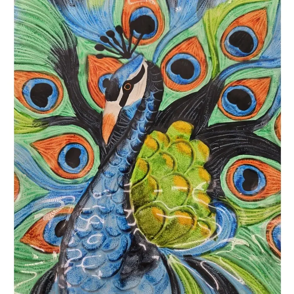 Hand Painted Peacock Plate Square Glass Beautiful Display Piece 12
